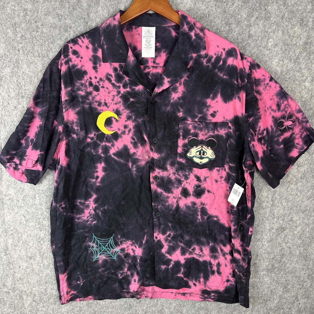 Disney Halloween Shirt Men's XL Pink Mickey Mouse Hawaiian Silky Button Up NEW